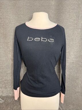 bebe Black Long-Sleeve Logo Top with Pink Trim